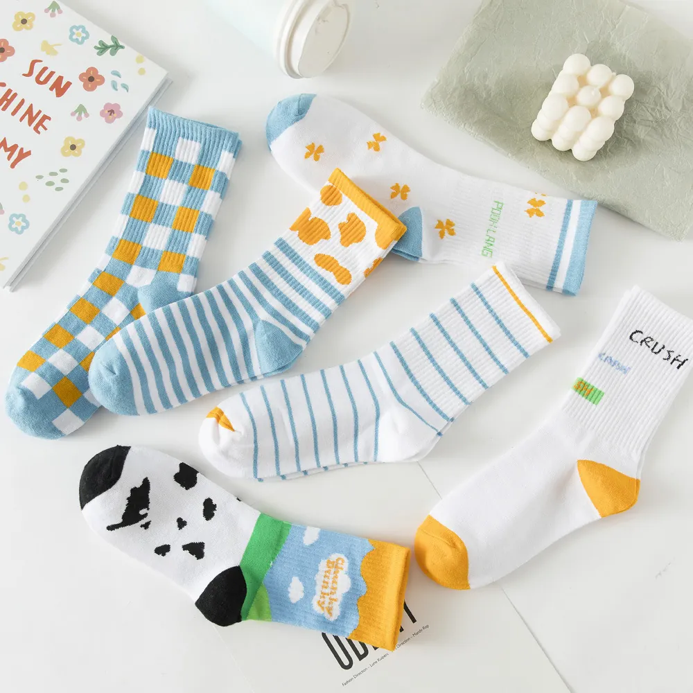 Women Mid Calf Crew Socks Cotton Breathable Cute Japanese Style Colorful Patterned Ribbed Hosiery Daily Casual Soft Elastic Comfort