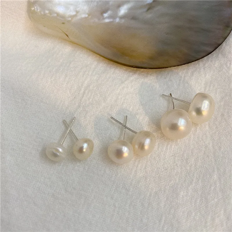 Freshwater Pearl Stud Earrings With Silver Earring Post Vintage Geometric Minimalist Dainty Elegant Women Jewelry