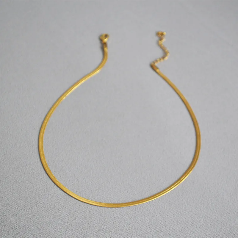 Minimalist Flat Snake Chain Necklace Brass 18K Gold Plated Thin Herringbone Choker For Women Stylish Accessory