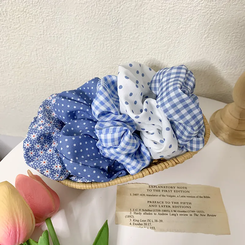 Chouchous En Tissu À Fleurs Pois Gingham Bleu Style Français Doux Élastiques Pour Femmes Filles Accessoire Quotidien