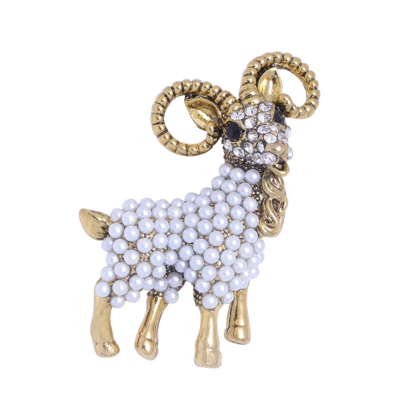 Alloy Rhinestone Faux Artificial Pearl Goat Brooch Elegant Vintage Animal Shaped Jewelry Pin For Women Men Accessories Gift
