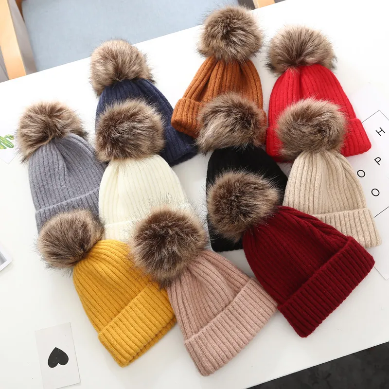 Kinder Winter Warme Bommel Strickmütze Einfarbig Wollmütze Für Jungen Und Mädchen Koreanischer Stil Rippenstrick Mütze