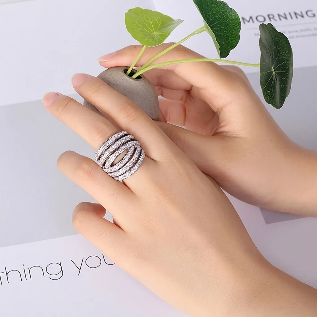 Women Multi Layer Intertwined Ring Stainless Steel Pave Set Zircon Wide Band Cross Wrap Glamorous Jewelry