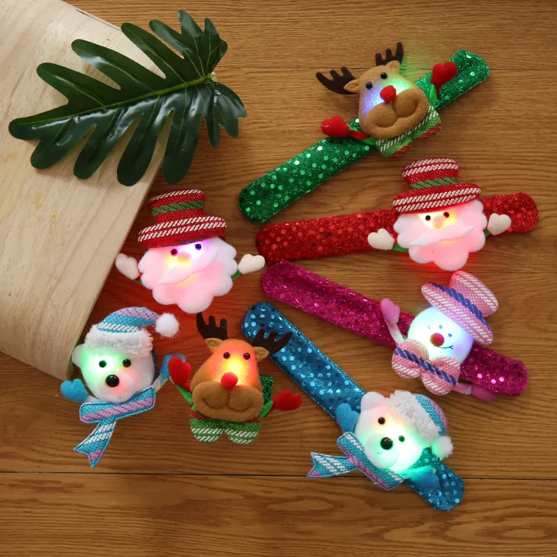 Christmas Slap Bracelets LED Light Up Sequin Plush Cartoon Santa Claus Snowman Reindeer Polar Bear Holiday Party Decor Gift