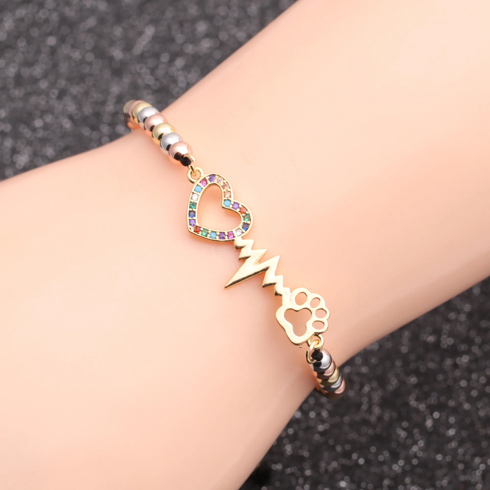 Bracciale Regolabile Moda Rame Zircone Colorato Cuore Zampa Infinito Ciondoli Corda Intrecciata Gioielli