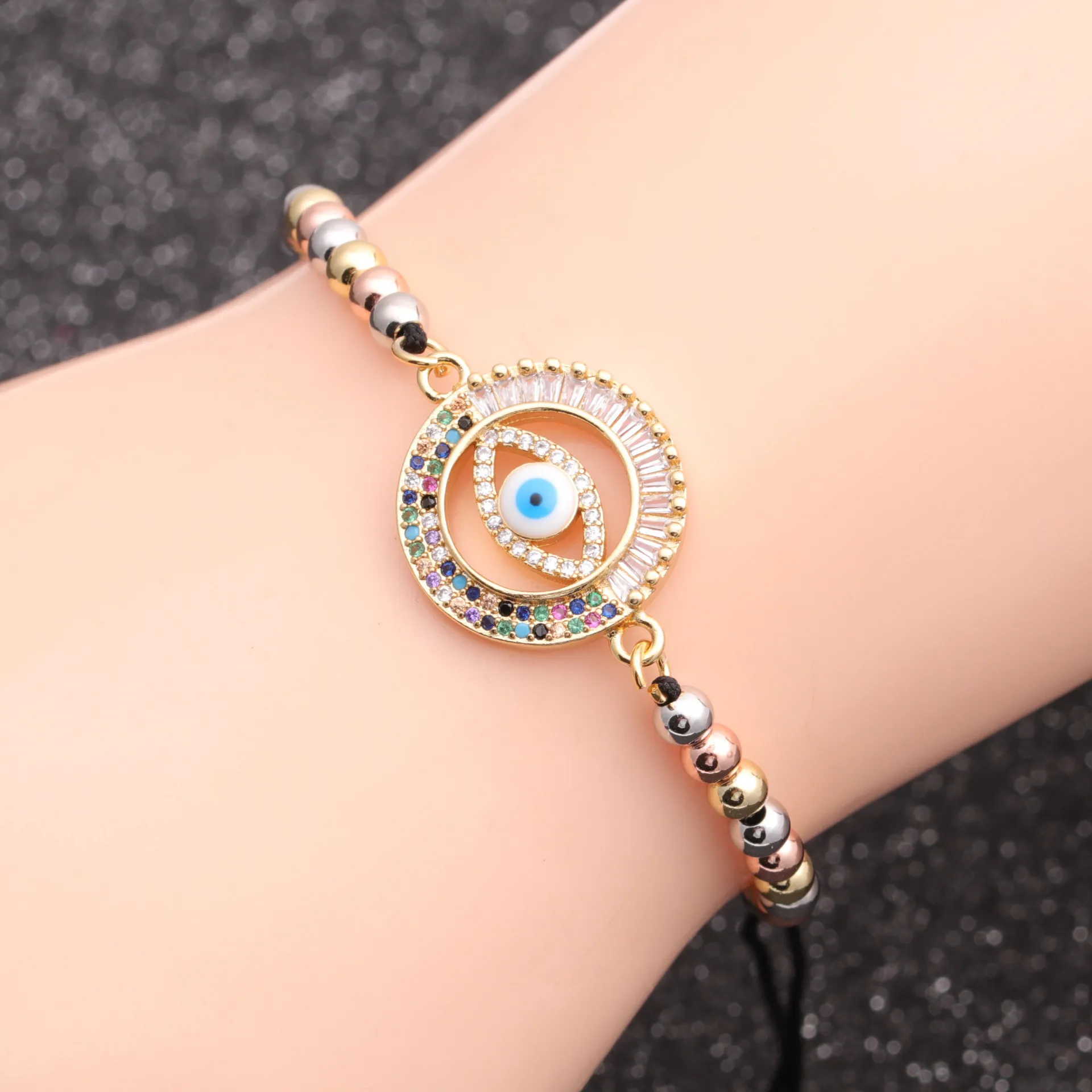 Evil Eye Bracelet Copper Micro Paved Zircon Protection Charm Adjustable Rope Beads Boho Jewelry Women