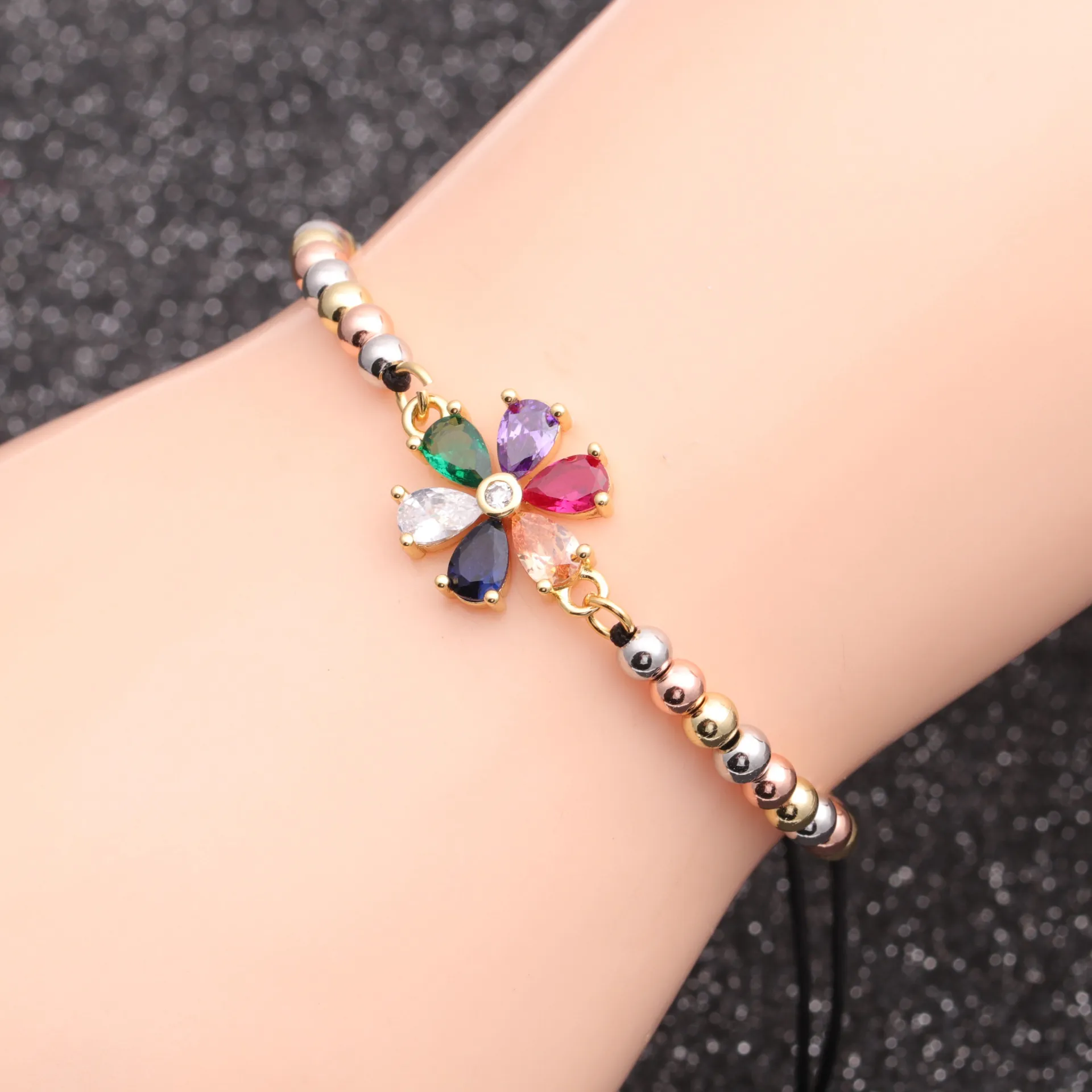 Colorful Flower Adjustable Bracelet Copper Micro Pave Cubic Zirconia Slider Chain For Women Boho Jewelry