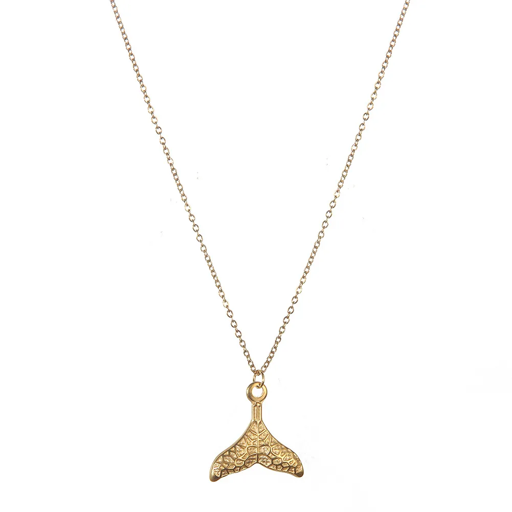 Stainless Steel Mermaid Tail Pendant Necklace Minimalist Textured Whale Tail Clavicle Chain Jewelry For Women Gift