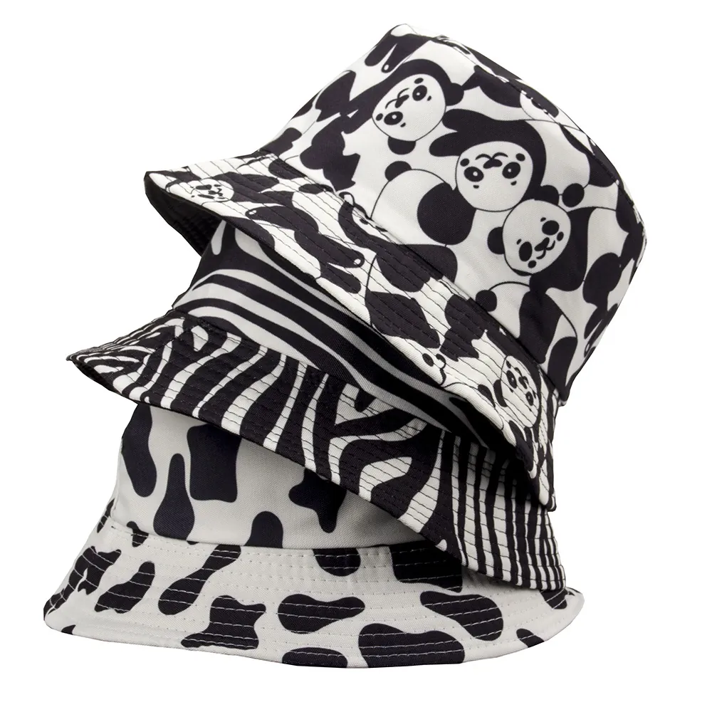 Damen Mädchen Fischerhut Baumwolle Canvas Tiermuster Sonnenschutz Retro Stil Sommer Outdoor Reise Zebra Kuh Panda