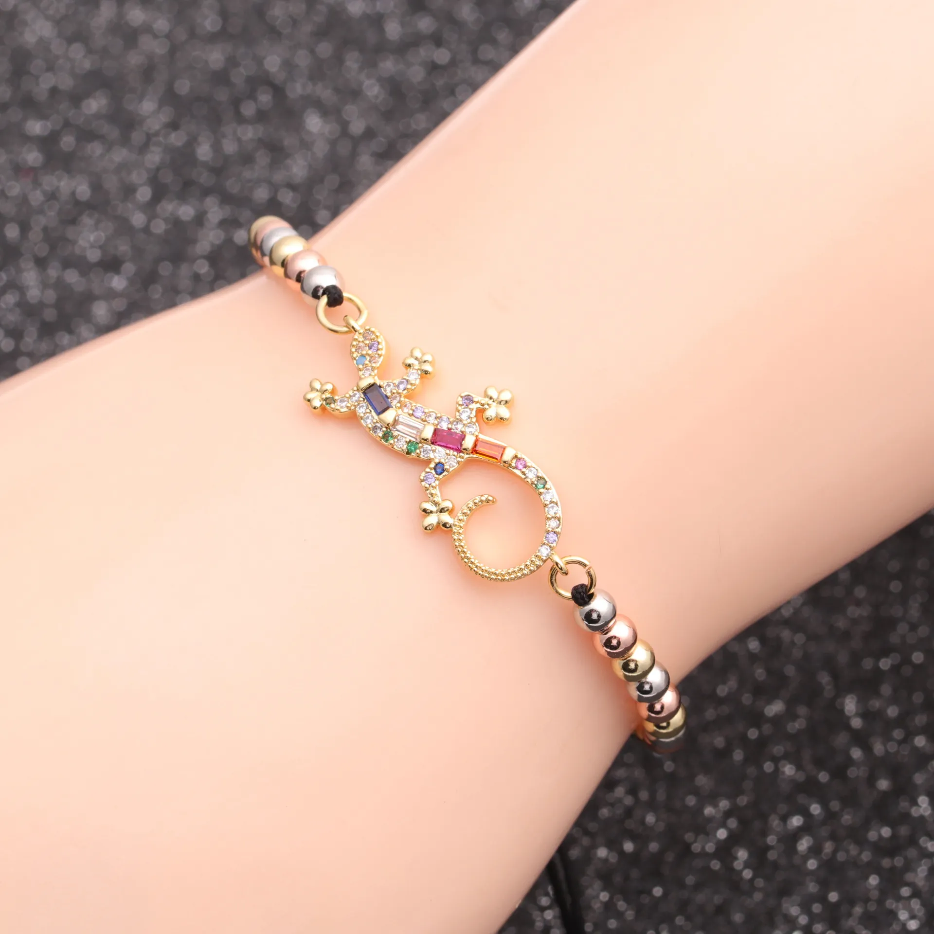 Bracelet Gecko Cuivre Plaqué Or Zircone Cubique Colorée Réglable Charme Lézard Bijoux Mode Pour Femmes