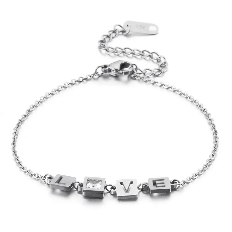 Bracciale Da Donna Minimalista In Acciaio Inossidabile Con Cubi Di Lettere LOVE Gioiello Regolabile In Zircone Regalo Elegante