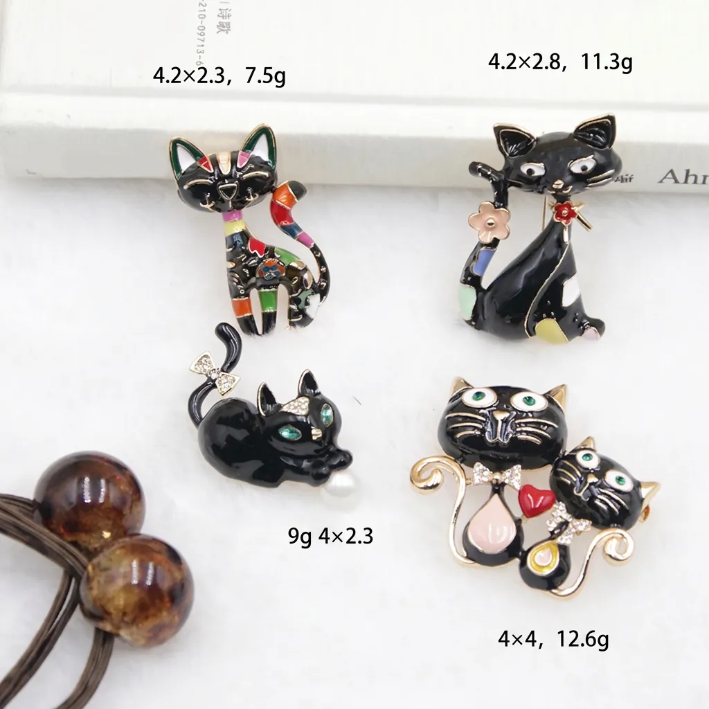 Cartoon Cat Brooch Pin Alloy Enamel Rhinestone Faux Artificial Pearl Cute Animal Lapel Badge For Women Clothing Accessories