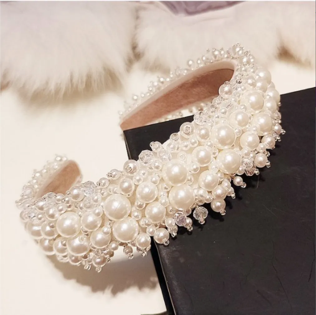 Artificial Pearl Headband Wide Dense Faux Artificial Pearls Crystal Beads Handmade Baroque Hairband Elegant Bridal Wedding Hair Accessories For Women