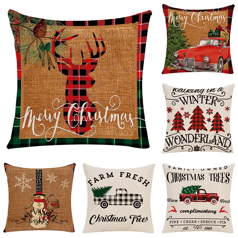 Christmas Cushion Cover Linen Square Decorative Pillowcase Seasonal Farmhouse Plaid Xmas Decor For Sofa Couch Home