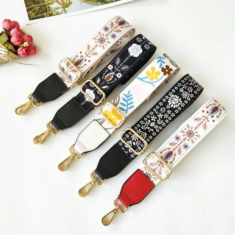 Wide Bag Strap Floral Adjustable Ethnic Style Crossbody Shoulder Replacement Nylon PU Leather Metal Buckle