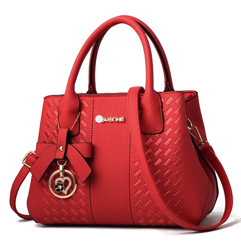 Women Handbag PU Leather Woven Texture Bow Heart Pendant Top Handle Shoulder Crossbody Bag Elegant Trendy Daily Fashion