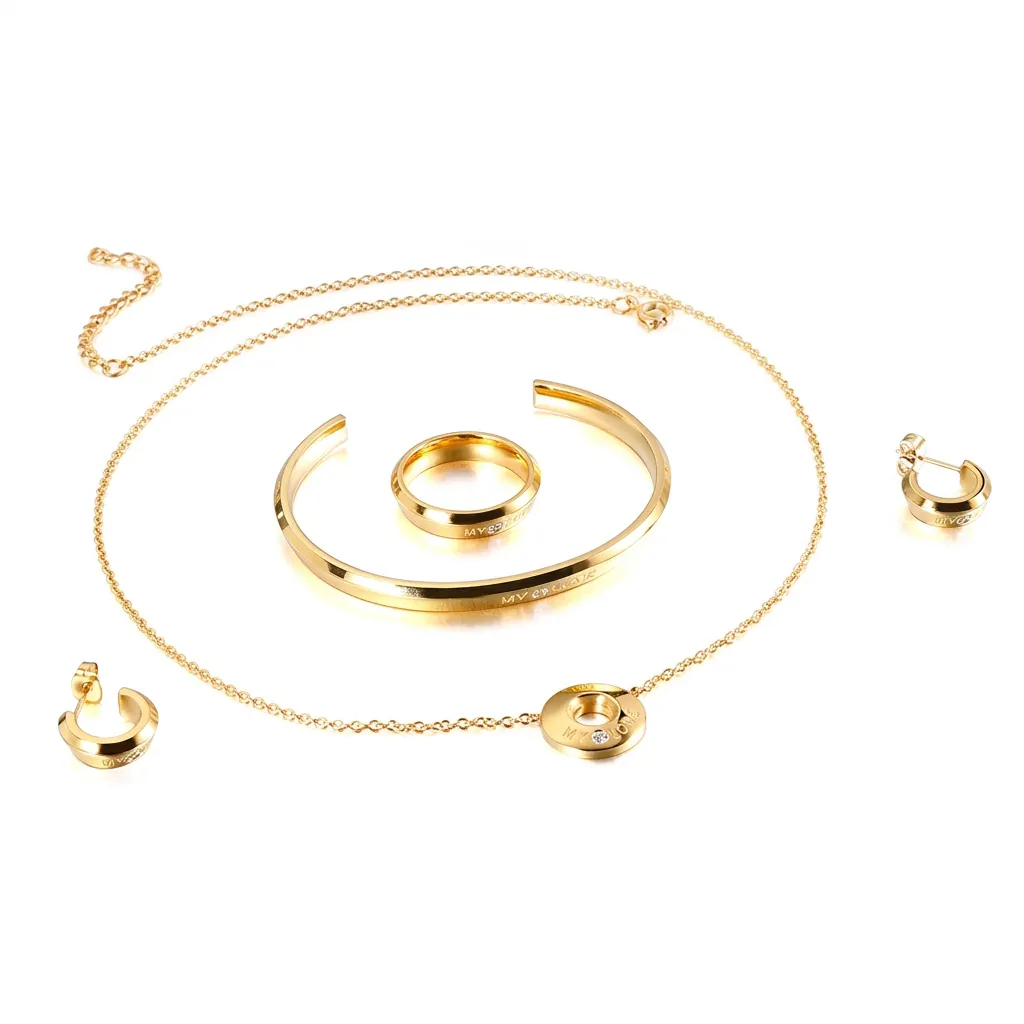 Set di Gioielli in Acciaio al Titanio da Donna Incisione Lettere My Love Collana Bracciale Orecchini Anello Gioielli