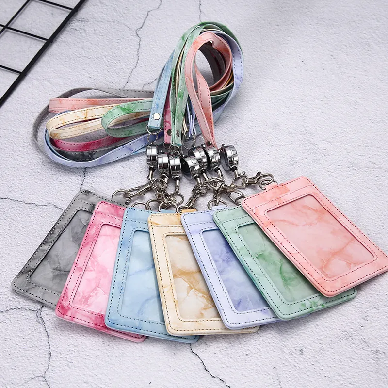 Marble Pattern PU Leather ID Card Holder With Lanyard And Retractable Reel For Office Work Badge Display Chic
