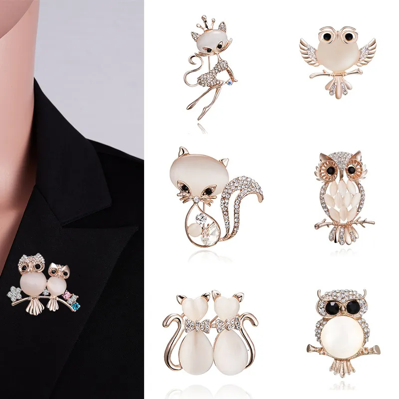 Broche Animale De Mode Pour Femmes Alliage Avec Strass Pierre Oeil De Chat Et Fausse Künstliche Perle Hibou Chat Bijoux Élégants