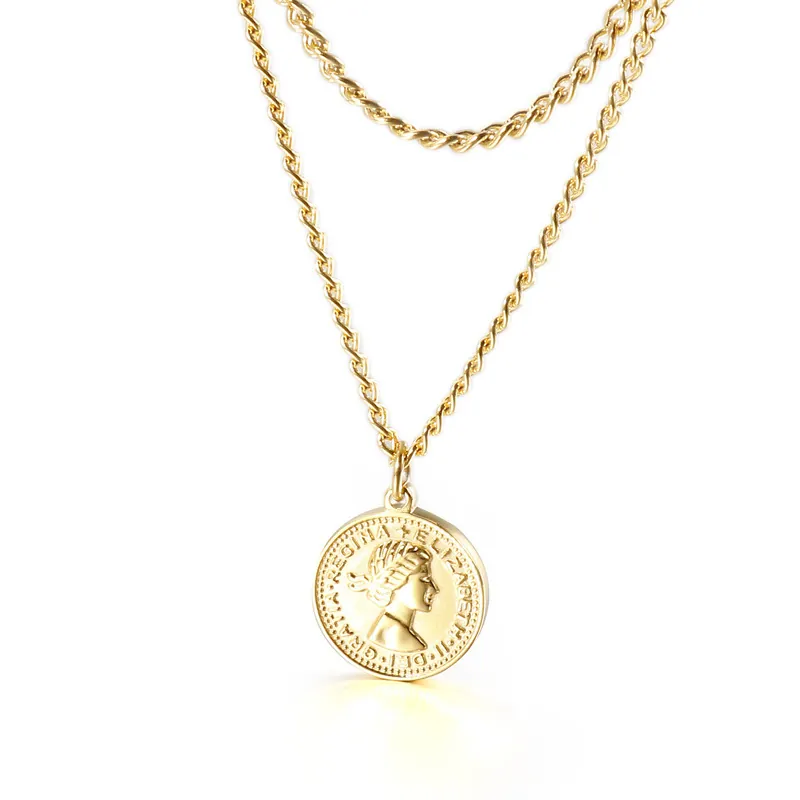 Collana Doppio Strato In Acciaio Inossidabile Per Donna Uomo Retro Regina Elisabetta II Moneta Ritratto Pendente Gioielli Punk