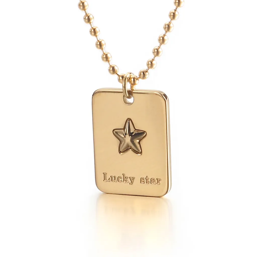 Collier Pendentif Rectangle Étoile Chanceuse En Acier Inoxydable Chaîne À Billes Pentagramme Bijoux Pour Femmes