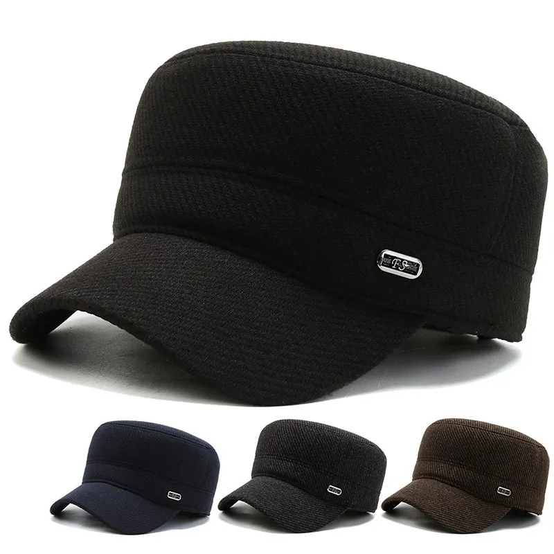 Men Winter Warm Cadet Cap Woolen Twill Flat Top Hat With Ear Protection Windproof Outdoor Casual Adjustable