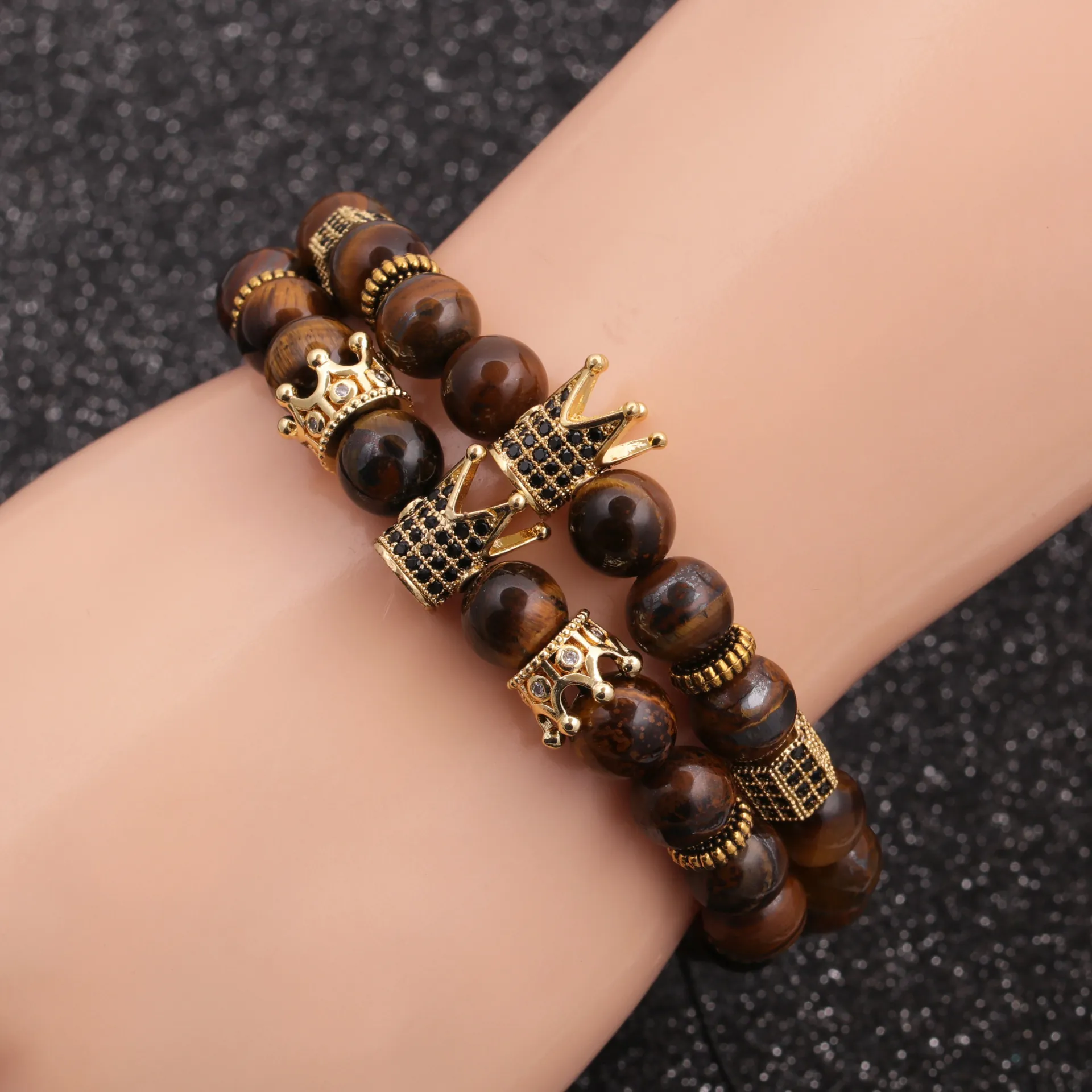 Krone Anhänger Perlenarmband Natur Tigerauge Stein Achat Lapislazuli Verstellbarer Schmuck Für Herren Damen
