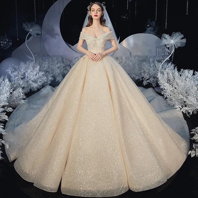 Off Shoulder Wedding Dress Champagne French Starry Sequined Large Train High Waist Elegant Ball Gown Bridal Gown