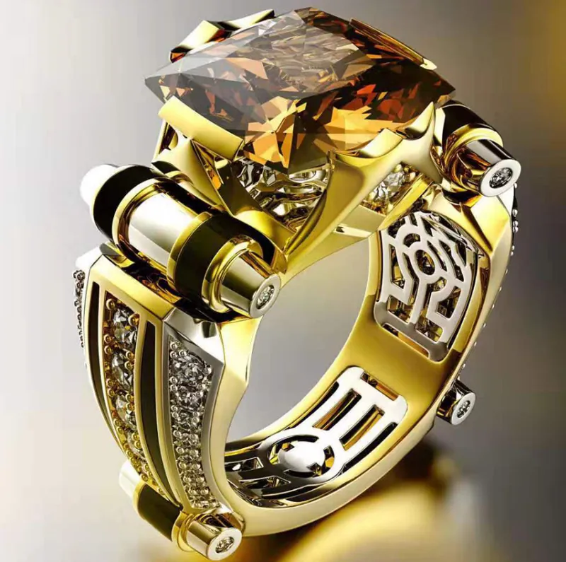 Geometric Square Ring With Gold Plated Alloy And Champagne Black Cubic Zirconia For Men Women Retro Industrial Style