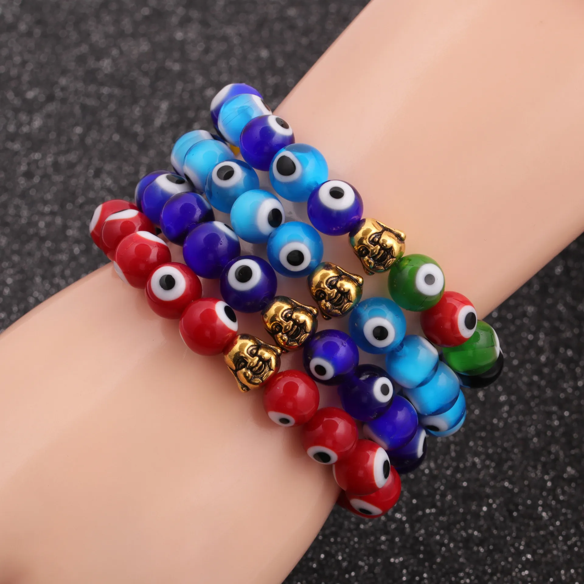 Evil Eye Beaded Bracelet With Alloy Buddha Head Pendant Elastic Religious Protection Jewelry Charm For Men Women