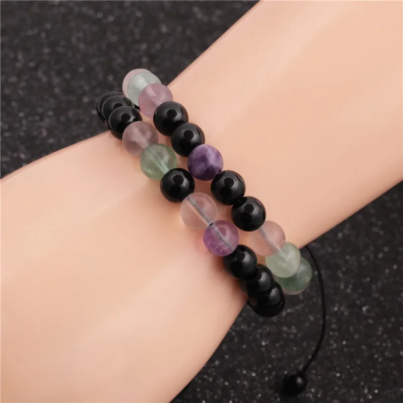 Adjustable Beaded Bracelet Natural Stone Obsidian Fluorite Braided Rope Handmade Ethnic Jewelry Unisex