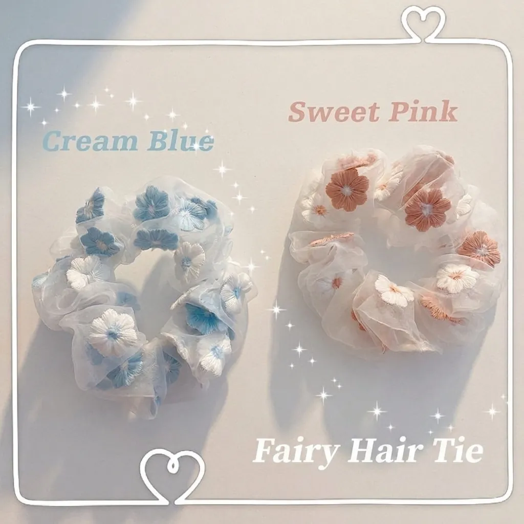 Embroidered Flower Organza Scrunchies Sweet Floral Mesh Hair Ties Korean Style Elastic Hair Bands For Women Girls
