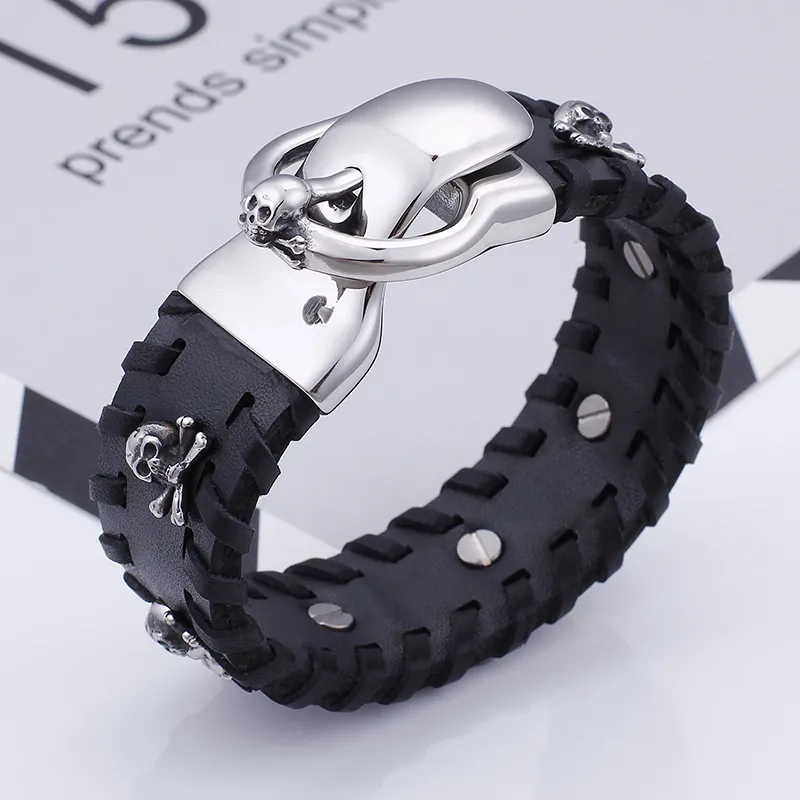 Wide Punk Skull Bracelet For Men With 316L Stainless Steel Buckle And Genuine Leather Braided Wrap Biker Style