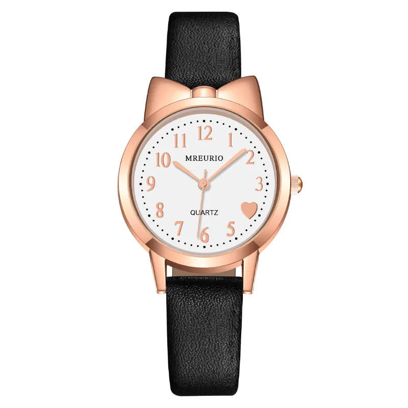 Cute Cat Ear Case Quartz Watch For Girls And Women Fashion Leather Strap Heart Dial Arabic Numerals Analog Wristwatch