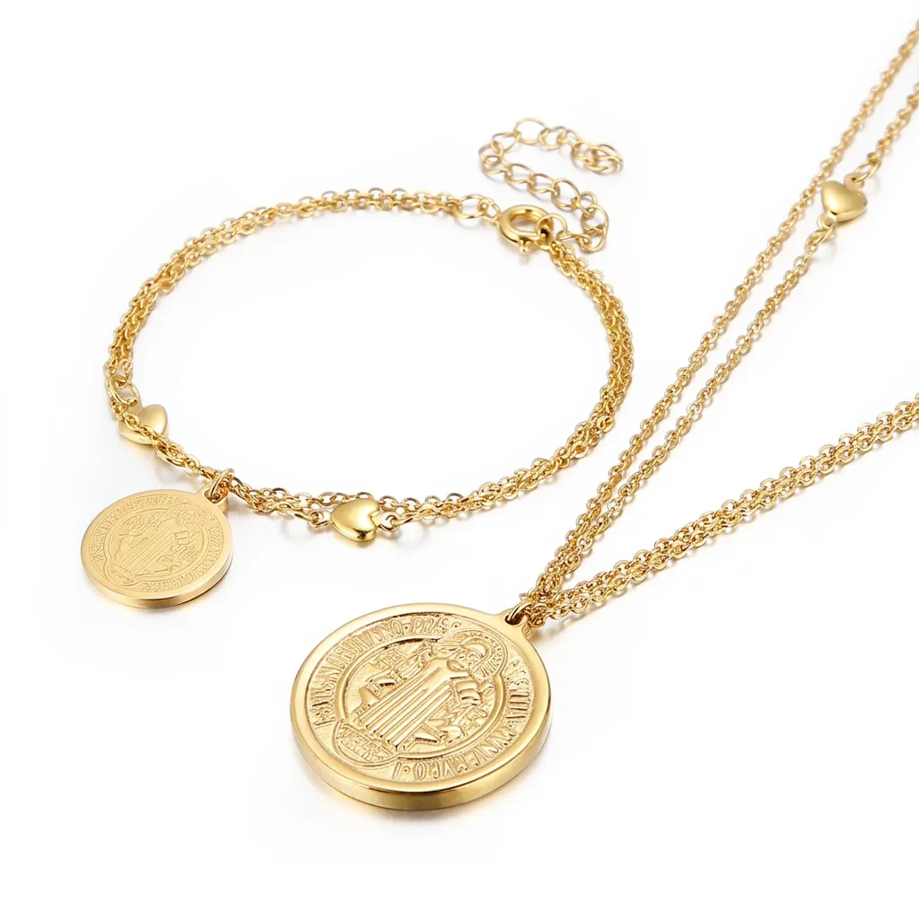 Parure de Bijoux Vintage en Acier Inoxydable Médaille Saint Benoît Collier Et Bracelet Pendentif Pièce Or Argent pour Femmes Hommes