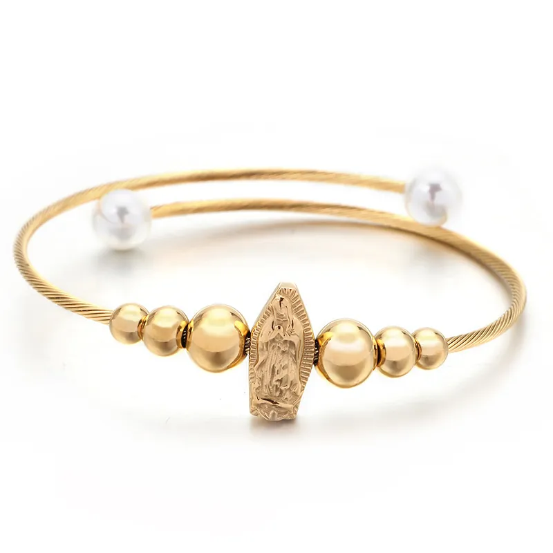 Armreif Edelstahl Jungfrau Maria Von Guadalupe Anhänger Kabeldraht Offenes Armband Weiße Kunstperle Religiöser Schmuck