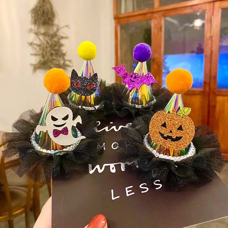 Halloween Mini Glowing Hat Hair Clips With LED Light Laser Holographic Pumpkin Bat Ghost Cat Party Headwear For Festival Celebration