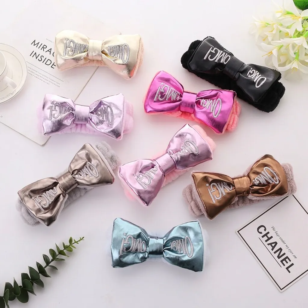 Cute Plush Headband With Metallic PU Bow Knot OMG Letter Embroidery For Face Washing Makeup Spa Shower Women Girls