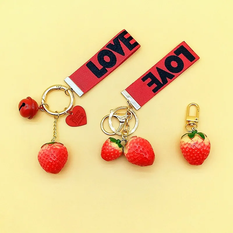 Strawberry Keychain Resin Realistic Fruit Pendant With Red LOVE Ribbon Bell Heart Tag For Bag Decoration