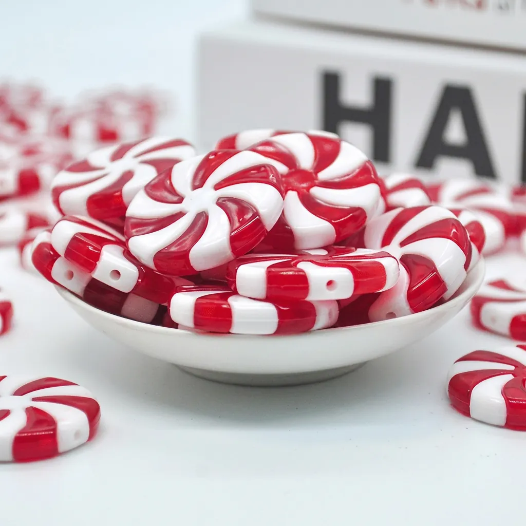 Christmas Tree Ornaments Peppermint Candy Shape Red White Spiral Pattern DIY Plastic Beads Festive Hanging Decoration