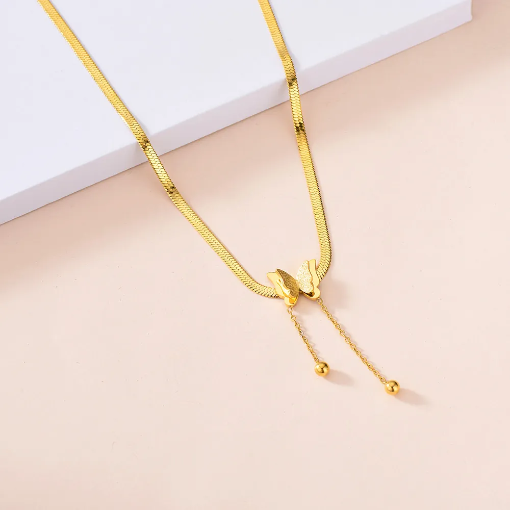 Butterfly Pendant Necklace Stainless Steel Frosted Matte Finish Snake Chain Tassel Elegant Fashion Jewelry For Women