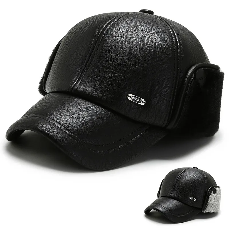 Men Winter Baseball Cap PU Leather Ear Flaps Warm Faux Fur Lining Windproof Solid Black Outdoor Sport Hat