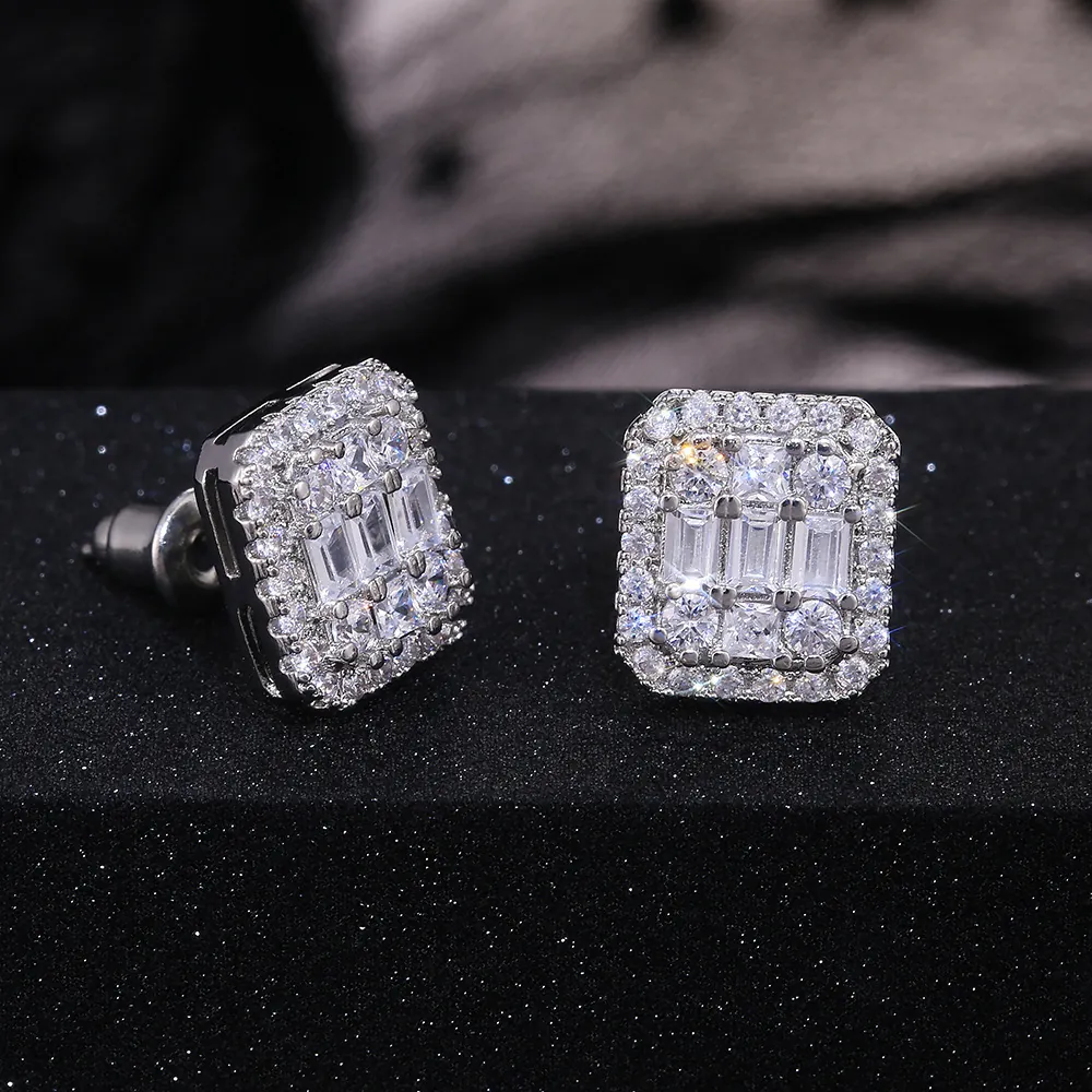 Rectangular Stud Earrings Copper White Gold Plated Cubic Zirconia Baguette Cut Halo Iced Out Hip Hop Luxury For Women