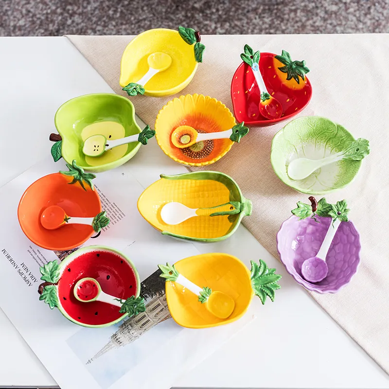 Creative Fruit Vegetable Shaped Ceramic Bowl And Spoon Set Hand Painted Glazed Salad Dessert Bowl Kids Tableware Gifts