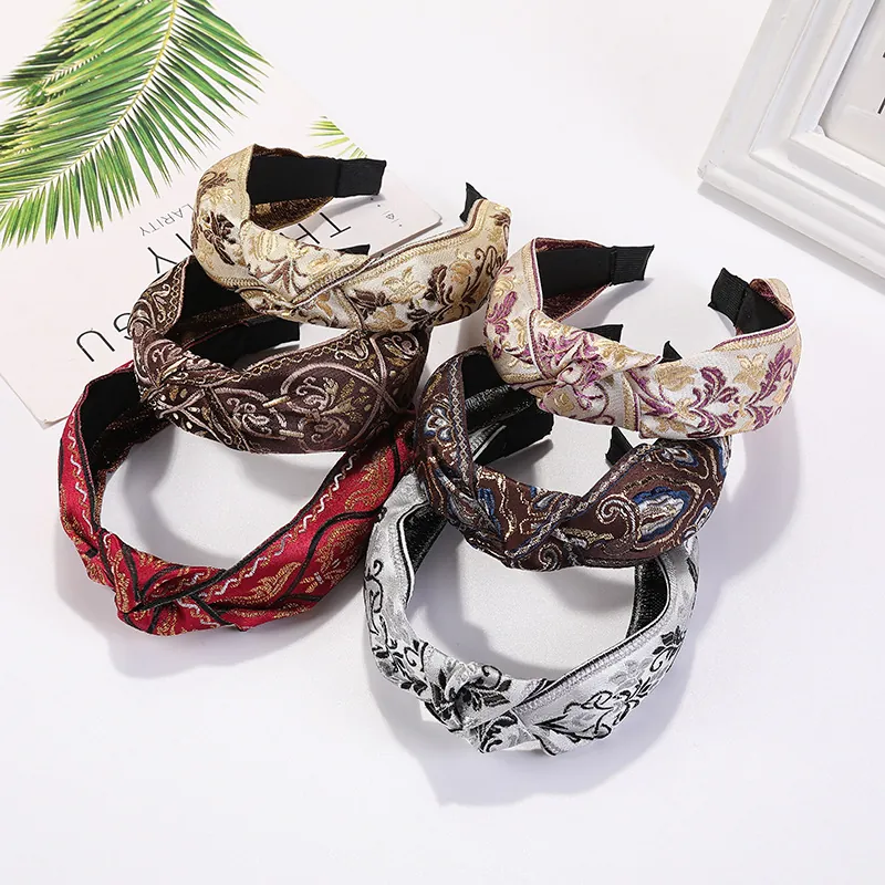 Diadema Bordada De Flores Étnicas Con Nudo Para Mujer Tela Retro Bohemia Banda Ancha Para El Cabello Accesorios