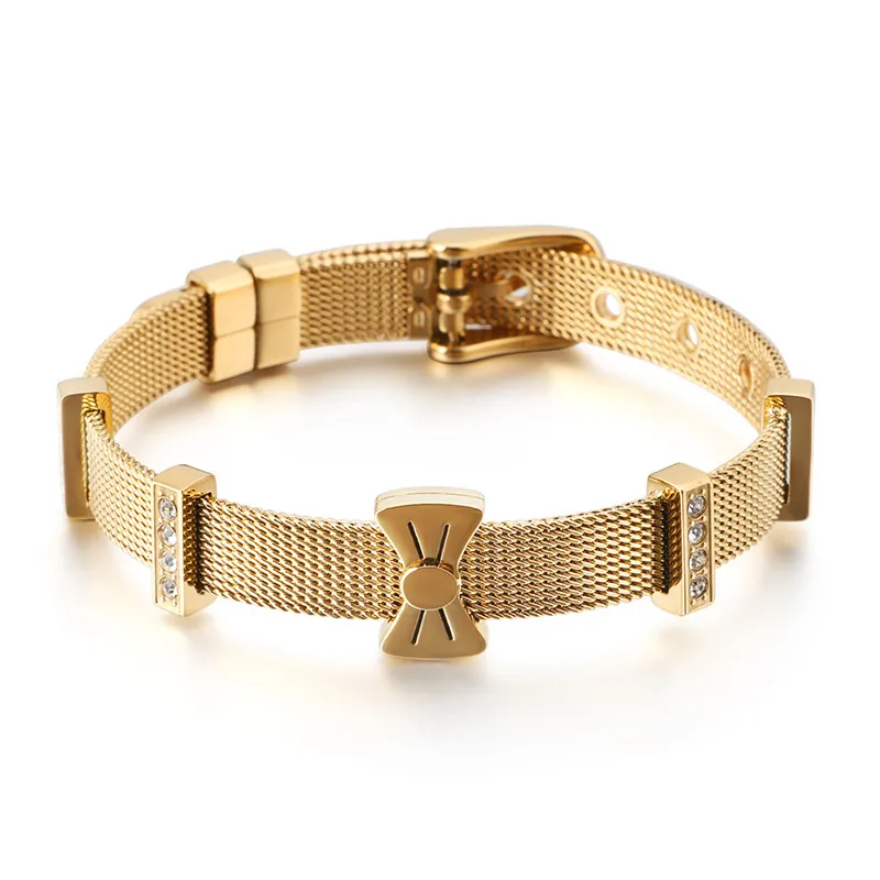 Bracelet À Mailles Nœud Papillon Pour Femme En Acier Inoxydable Strass Style Bracelet De Montre Réglable