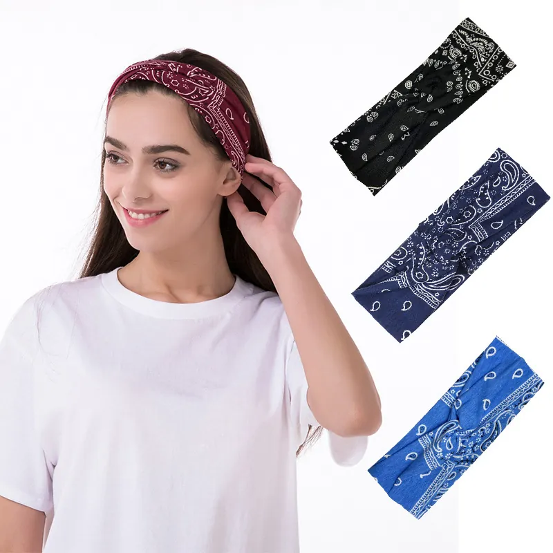 Paisley Print Twisted Knot Headband Wide Fabric Hairband For Women Yoga Sports Casual Retro Elastic Hair Accessories