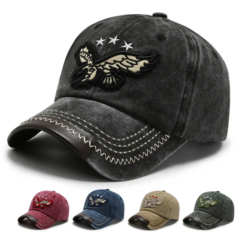 Retro Washed Cotton Baseball Cap Eagle Embroidery Distressed Vintage Dad Hat With Leather Trim Contrast Stitching Adjustable