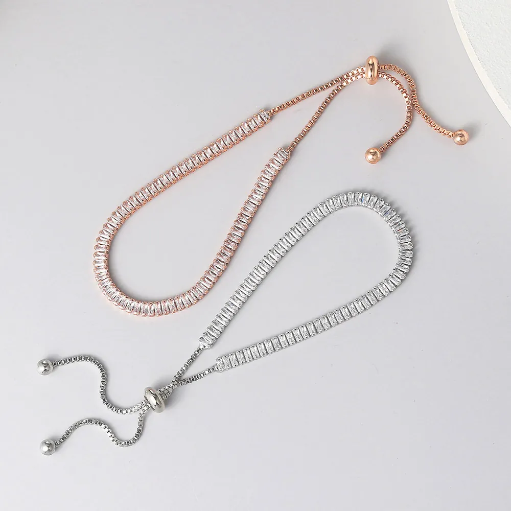 Rectangular Zircon Tennis Bracelet For Women Adjustable Bolo Slider Copper Gold Plated Elegant Single Row Jewelry