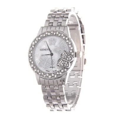 Butterfly Pattern Women Quartz Watch Sparkling Rhinestone Bezel Alloy Link Band Elegant Fashion Wristwatch Jewelry